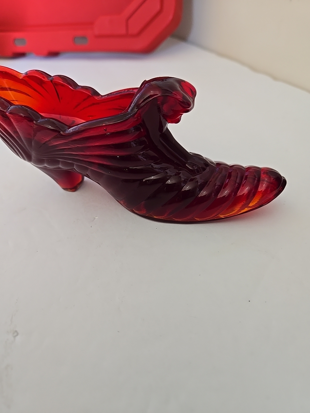 Fenton With Cat Amberian Red Decorative Glass Shoe - Women Shoe Signed - Picture 2 of 4